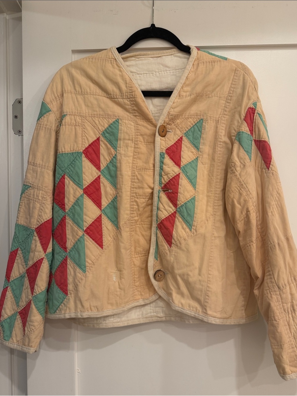 Reclaimed Vintage Quilt Button-Front Jacket in Cream with Teal & Red